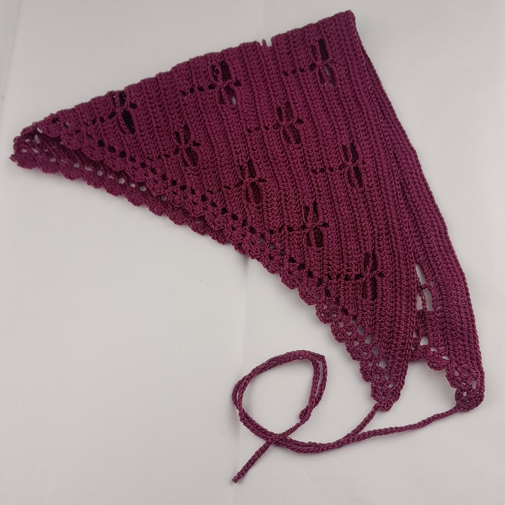 Handmade Crocheted Dragonfly Filet Maroon Wine Head Bandana Tie Back Kerchief